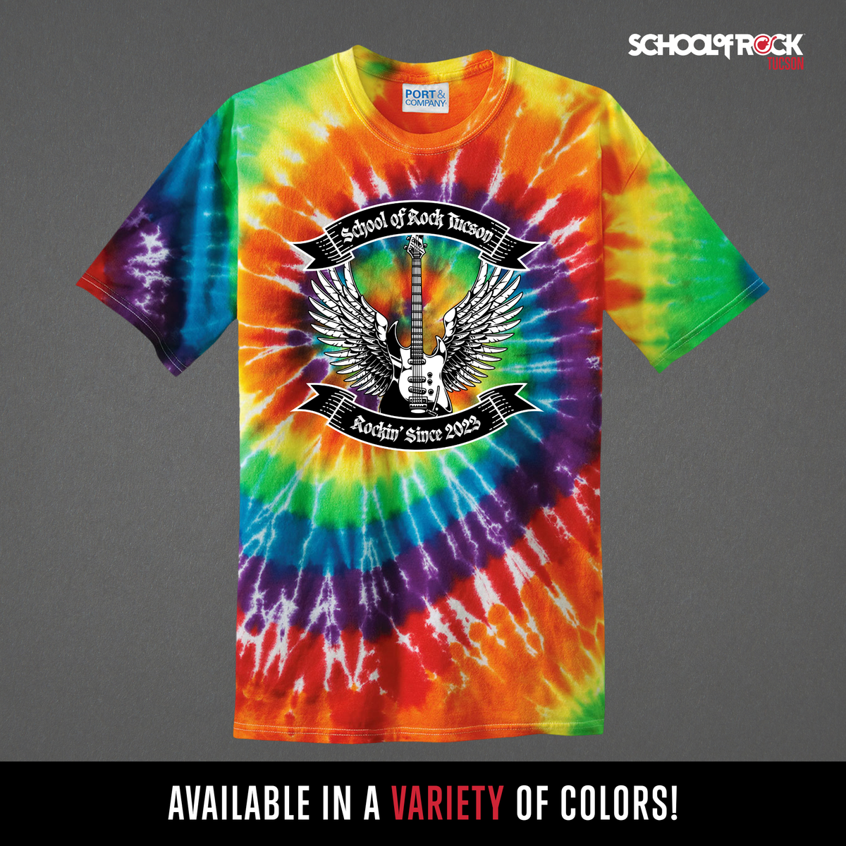 Rockin' Since 2023 School of Rock Merch | Tie Dye Shirts | Summer 2026 Season Design